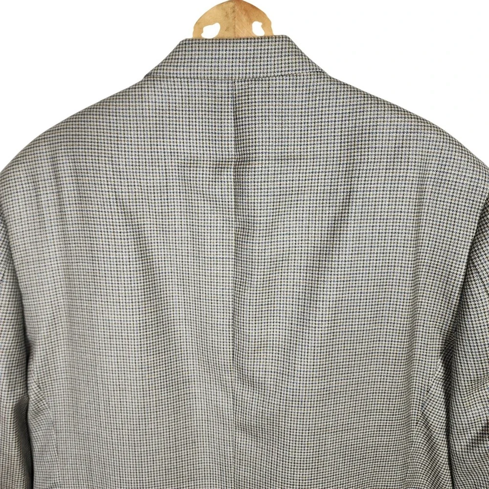 Andrew Fezza Houndstooth Blazer 46S Tan Blue Silk Wool Sport Coat Casual Vintage